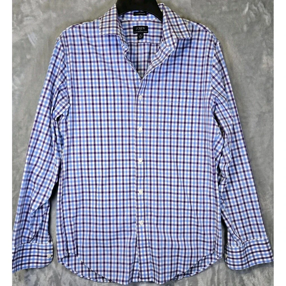 J. Crew Button Down Shirt Wrinkle Free Mens M Blue Purple White Ck Plaid Cotton